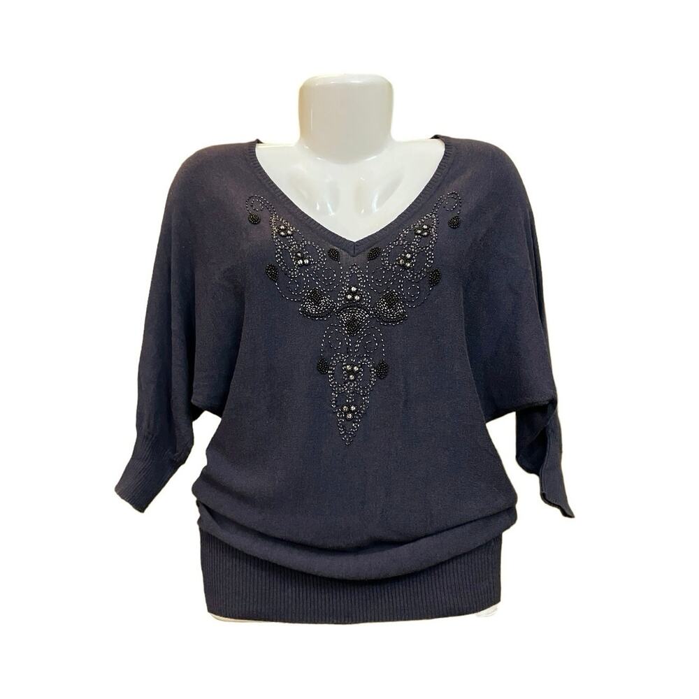 LC Lauren Conrad Women's Navy V-Neck Embellished 3/4 Sleeve Sweater | Size S